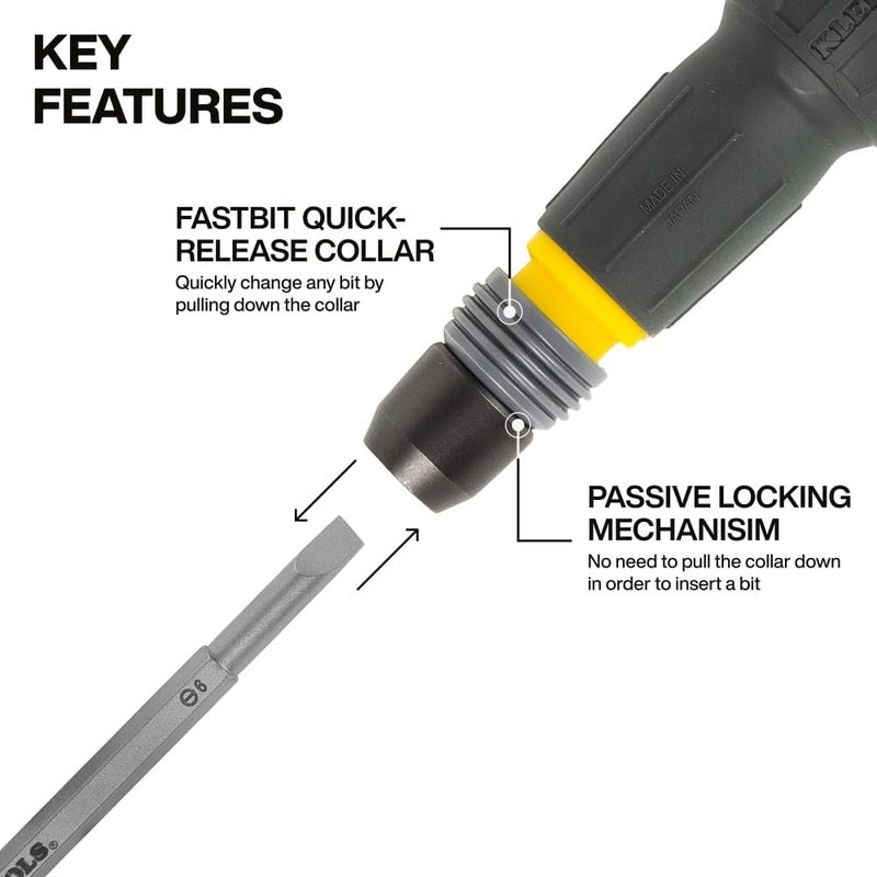 Klein Tools 32960A Fastbit Tru-Grip Screwdriver, Ball-Style Handle with Quick-Release Collar, #2 Phillips and 6 mm Slotted Double-Ended Bit, 1/4-Inch Bit Compatible - Image 3